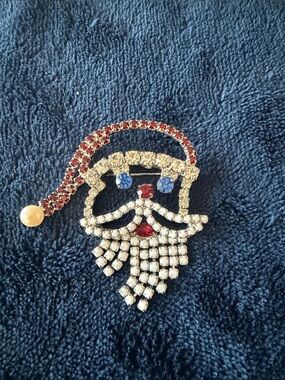 Festive Santa Face Rhinestone Brooch - Red, Blue & Clear